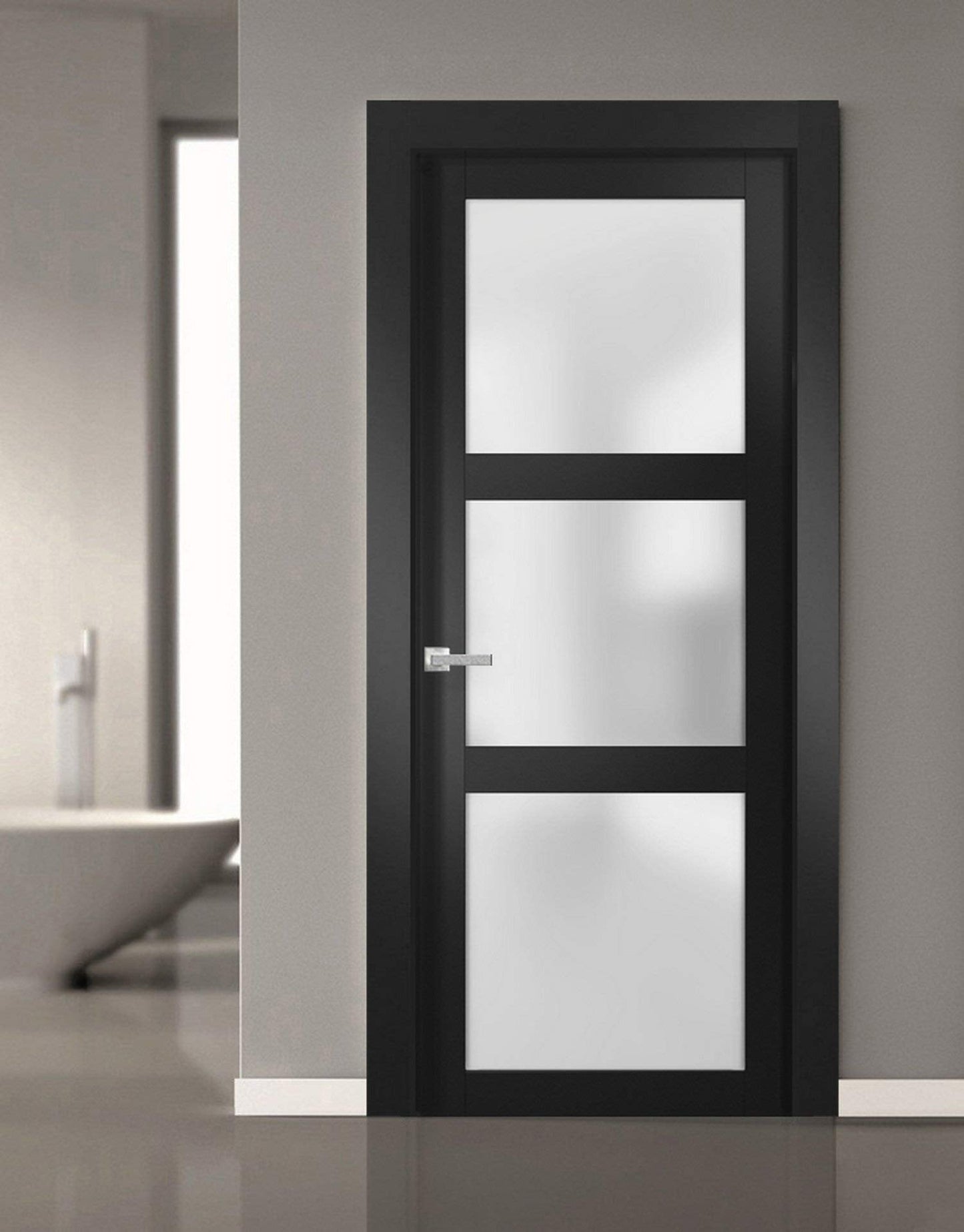 SARTODOORS Solid French Door Frosted Glass 36x96 inches | Lucia 2552 Matte Black | Single Regular Panel Frame Trims Handle | Bathroom Bedroom Sturdy Doors