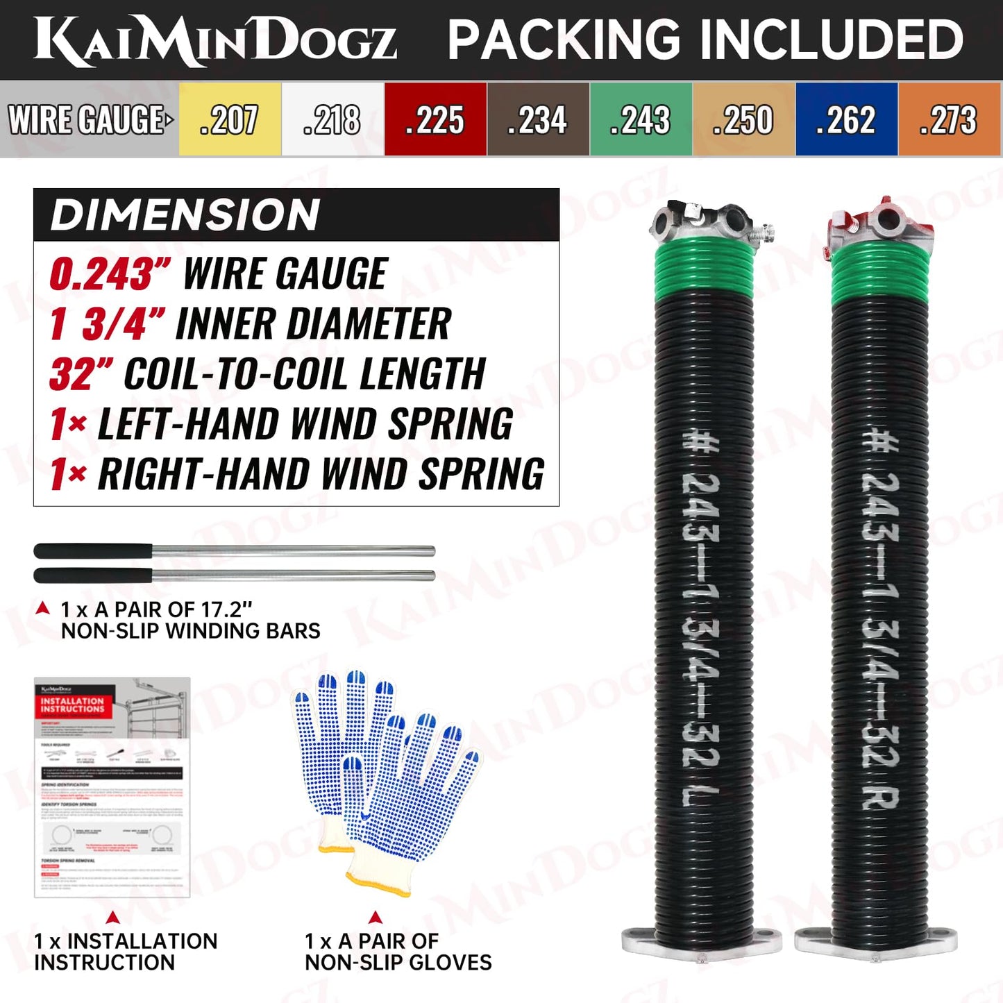 KaiMinDogz Pair of 1.75" Garage Door Torsion Springs Set with Non-Slip Winding Bars&Gloves, High Precision Electrophoresis Oil-Free Black Coated for Replacement, MIN 16,000 Cycles (0.243 x 1.75"x 32")