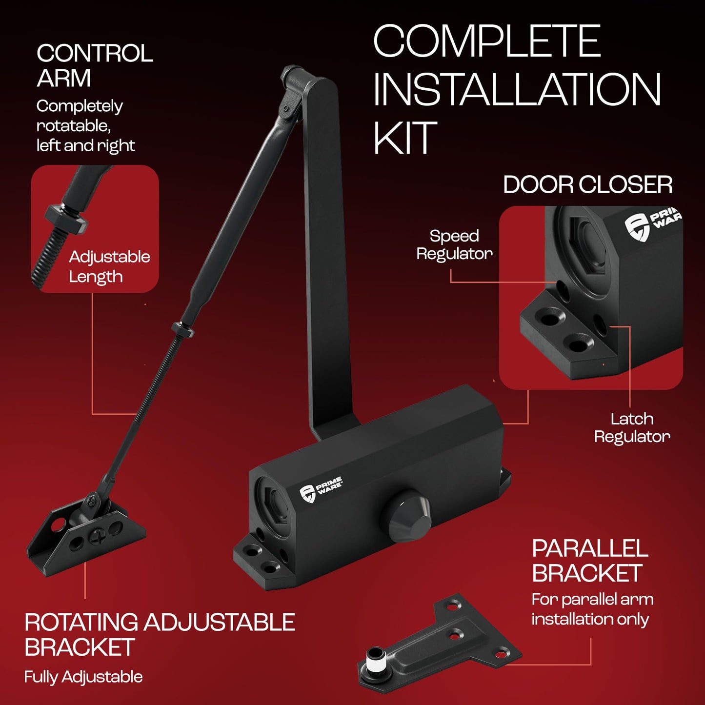PrimeWare DC-300 Automatic Adjustable Door Closers for Home | Soft Close, No Slam | Residential and Commercial Door Closer | Level 3 | for Doors Weighing 90-140 lbs | Hydraulic Door Spring - Black