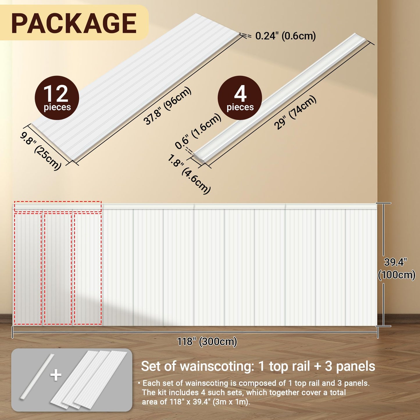 Trimold Premade Board-and-Batten Wainscoting Kit - Ready to Assemble Cover 118" x 39.4", Paintable Panel Molding Trim Slats for Accent Wall