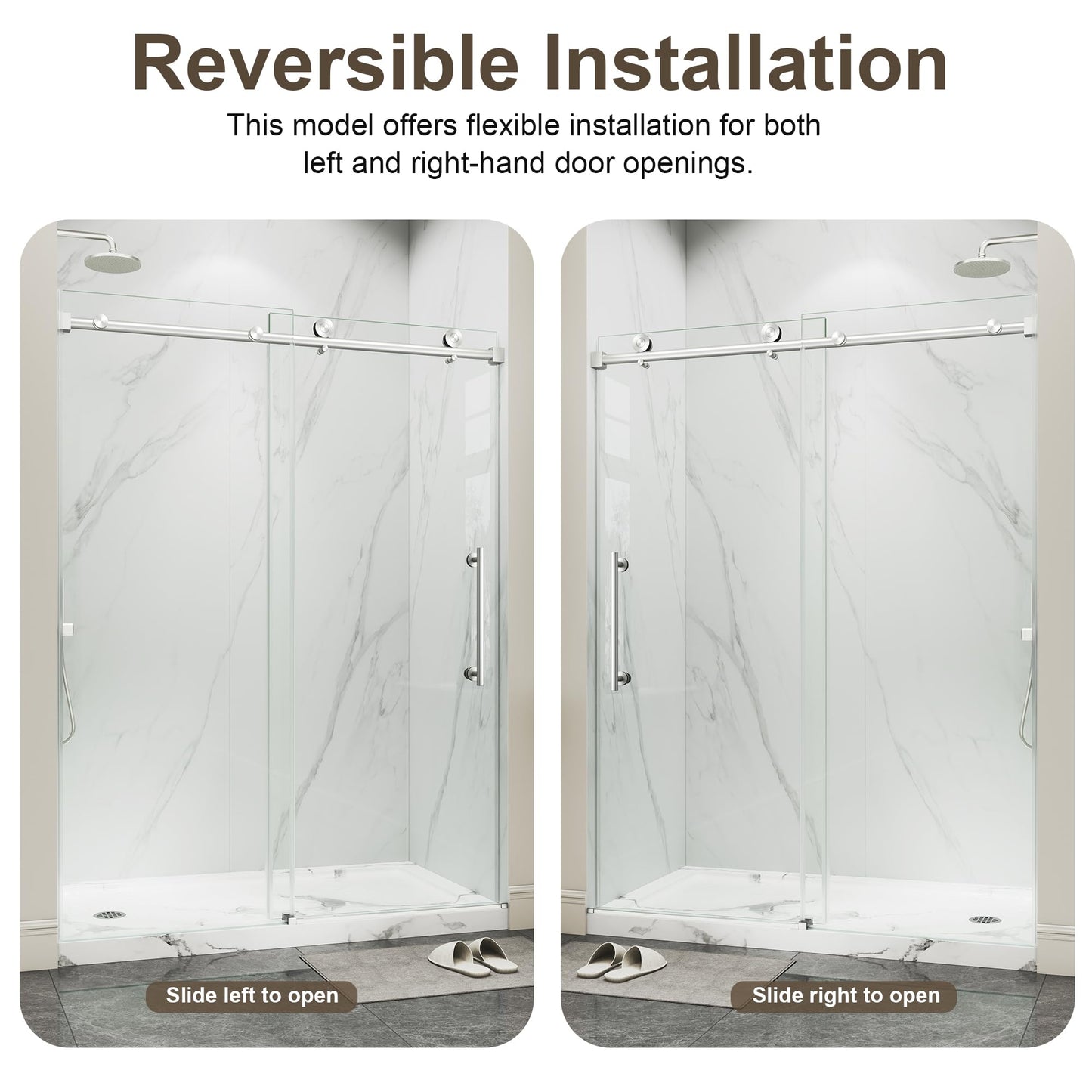 Frameless Glass Shower Door,55-60" W x 72" H Single Sliding Frameless Shower Door,1/4"(6mm) SGCC Tempered Glass,Safety Explosion-Proof Film Nano Coating,Brushed Nickel