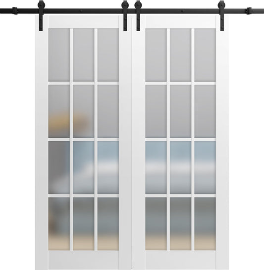 SARTODOORS - Sturdy Double Barn Door 36 x 84 inches with Frosted Glass 12 Lites | Felicia 3312 Matte White | Top Mount 13 FT Rail Hangers Heavy Set | Solid Panel Interior Doors