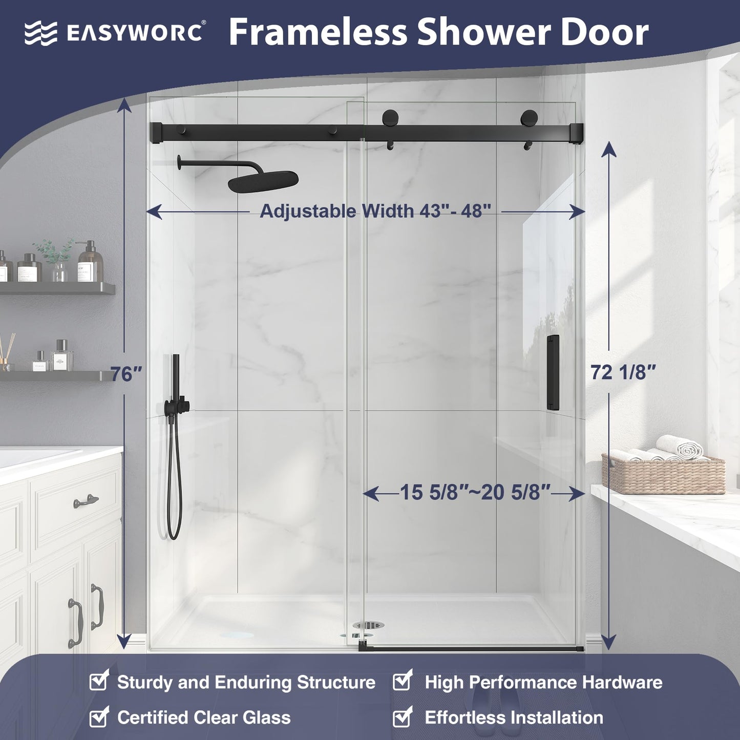 EASYWORC Frameless Shower Door, 43-48" W x 76" H Sliding Glass Shower Door, 1/4''(6mm SGCC Tempered Glass with Explosion-Proof Film Nano Coating in Matte Black Finish