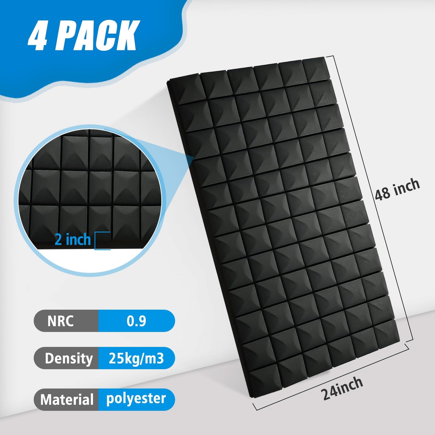 4 Pack Acoustic Panels, 48 x 24 x 2" Sound Proof Foam High Density Studio Wedge Tiles Fire Resistant Acoustic Panels for Home Office, Echo Reduction, Studio,Noise Dampening (Black-4 Pack)