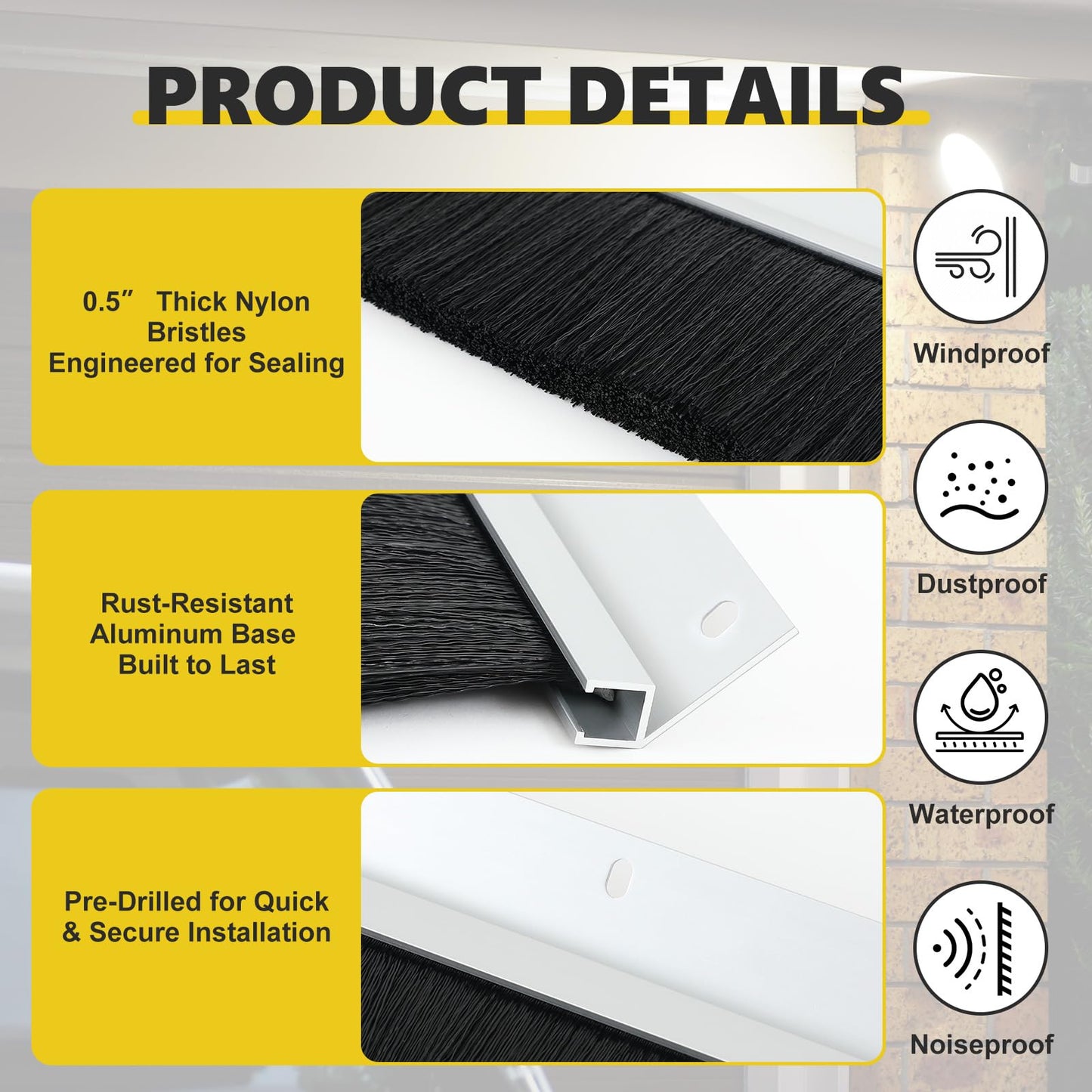 DoubleFill 3" Roll up Garage Brush Seal for Side, 2 Pack 10ft Long Heavy Duty Garage Door Seal Nylon Brush with Aluminum Track No-Drill 45deg Holder for Commercial, Corrugated, Sliding Barn