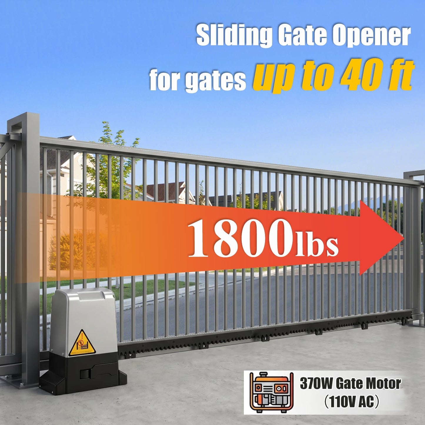 1800Lbs Heavy Duty Sliding Gate Opener, 370W AC Automatic Gate Motor with Nylon Rack, No Welding Electric Gate Opener Kit with 4 Remote Controls, DIY Easy Installation, Up to 40ft Sliding Gate