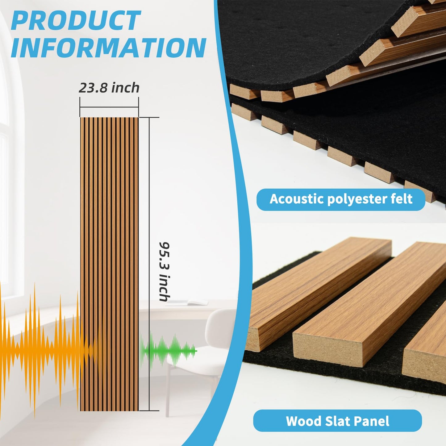Art3d 1-Pack Acoustic Wood Slat Wall Panel with Roll-Flat Design - 95.3 x 23.8 Inch Sound Absorbing Panels for Living Room Columns Corridor Curved Wall Decor, Teak