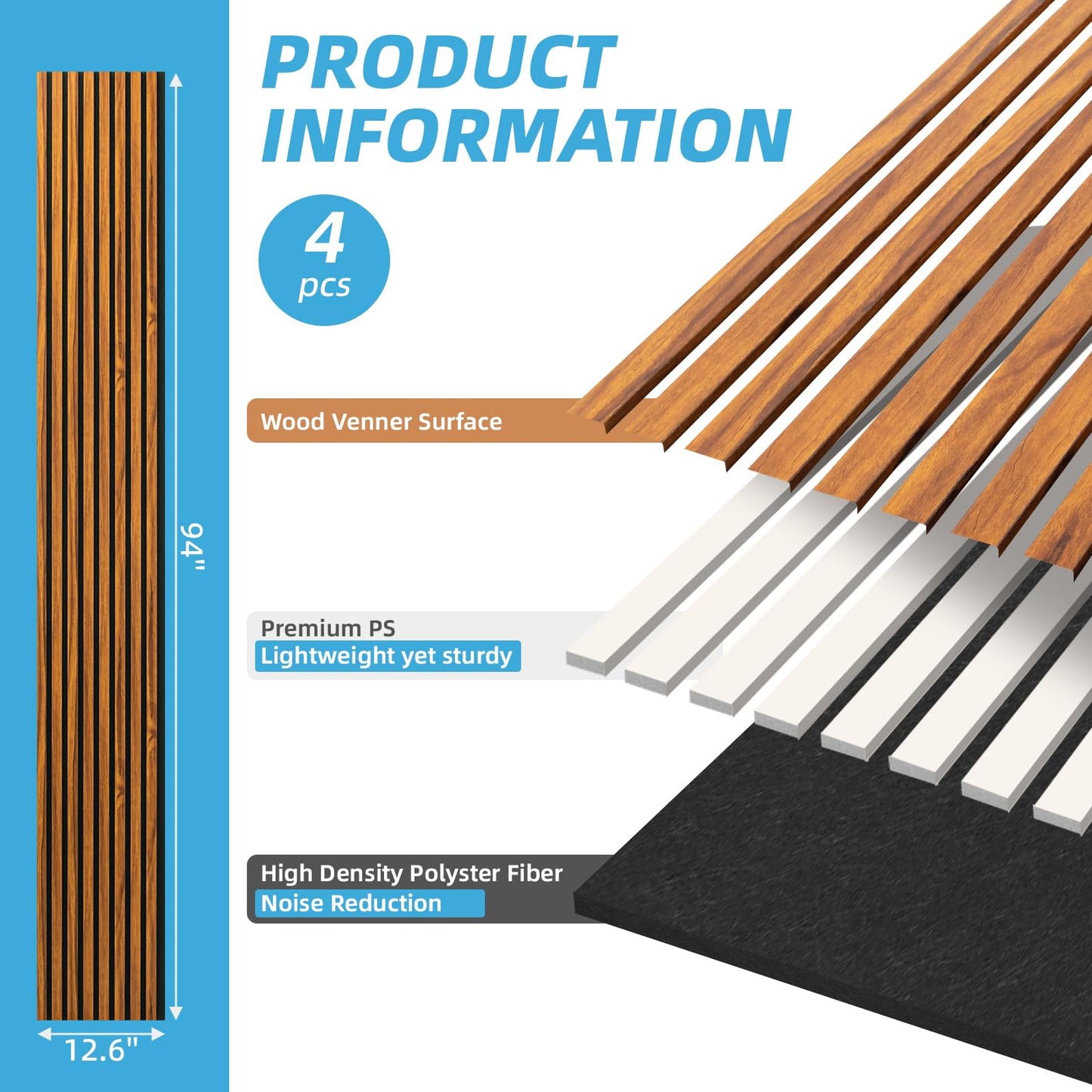 Art3d 4-Piece 94 x 12.6 Inch Acoustic Lightweight Slat Wall Panel - Waterproof Wood Textured Wainscoting Panel of 33 Sq.Ft for Bedroom, Home Theater Office Accent Wall, Teak