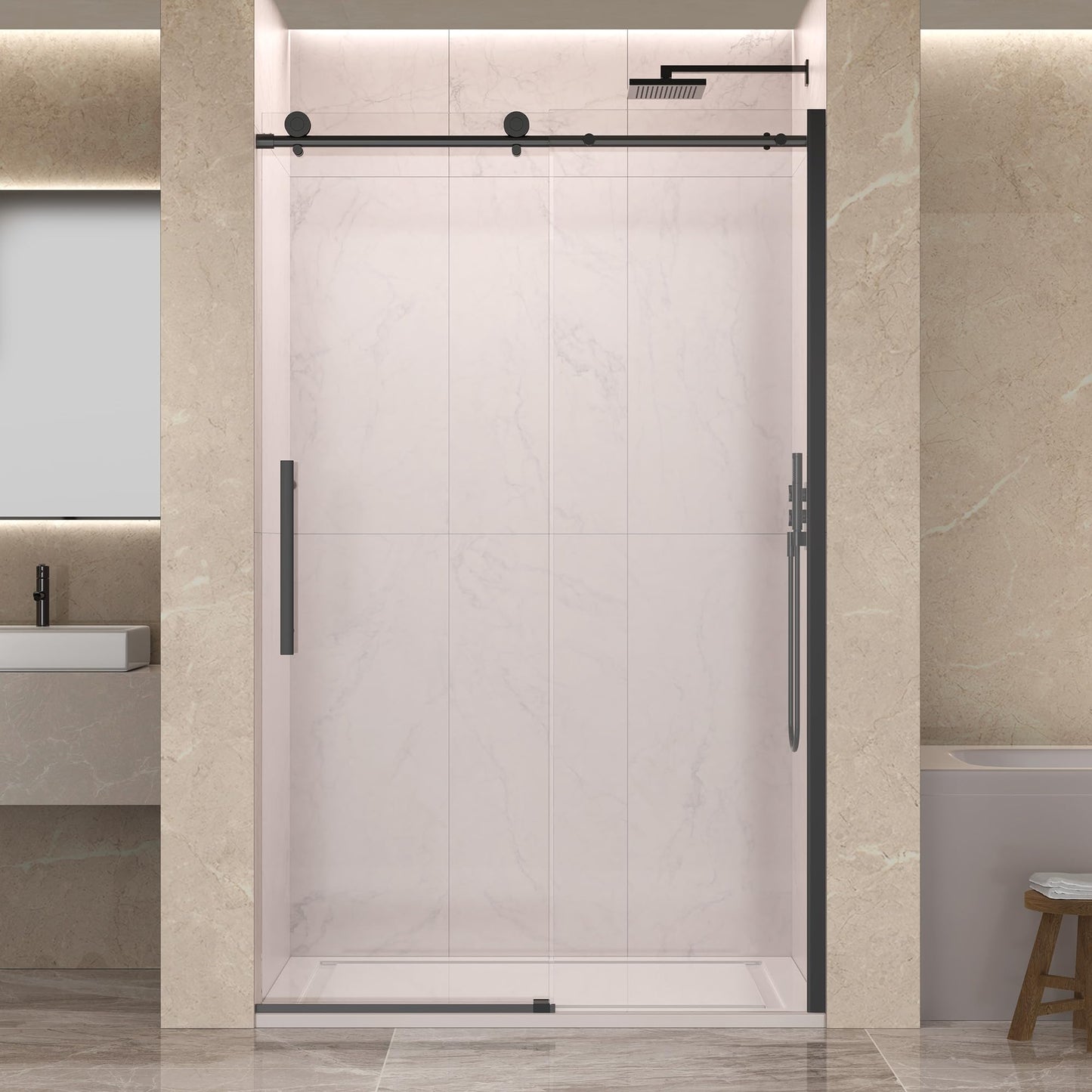 ENSO SENKA 44-48” x 76” Frameless Shower Door, 5/16" (8mm) Clear SGCC Tempered Glass, Bathroom Glass Sliding Shower Doors, Matte Black