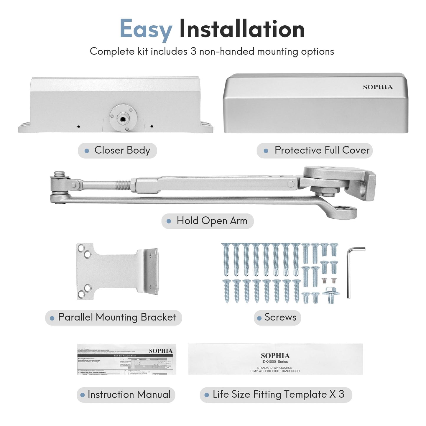 SOPHIA Door Closer Hold Open for Home, Door Closers Commercial Heavy Duty, Adjustable Speed & Spring Power 1-6, Hydraulic Door Closer Hinge Self Closing, No Slam, ADA & UL, DK4000