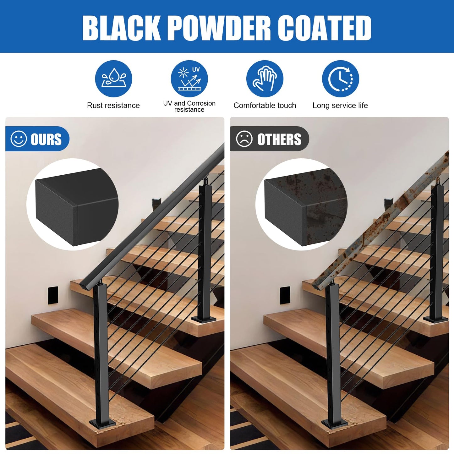 BLIKA 2Pack 8FT Stainless Steel Cable Railing Handrail, Black Rectangular Handrail Flat Top Rail with End Caps for Deck Stair Cable Railing System, Deck Hand Rails for Indoor/Outdoor, BL01-T