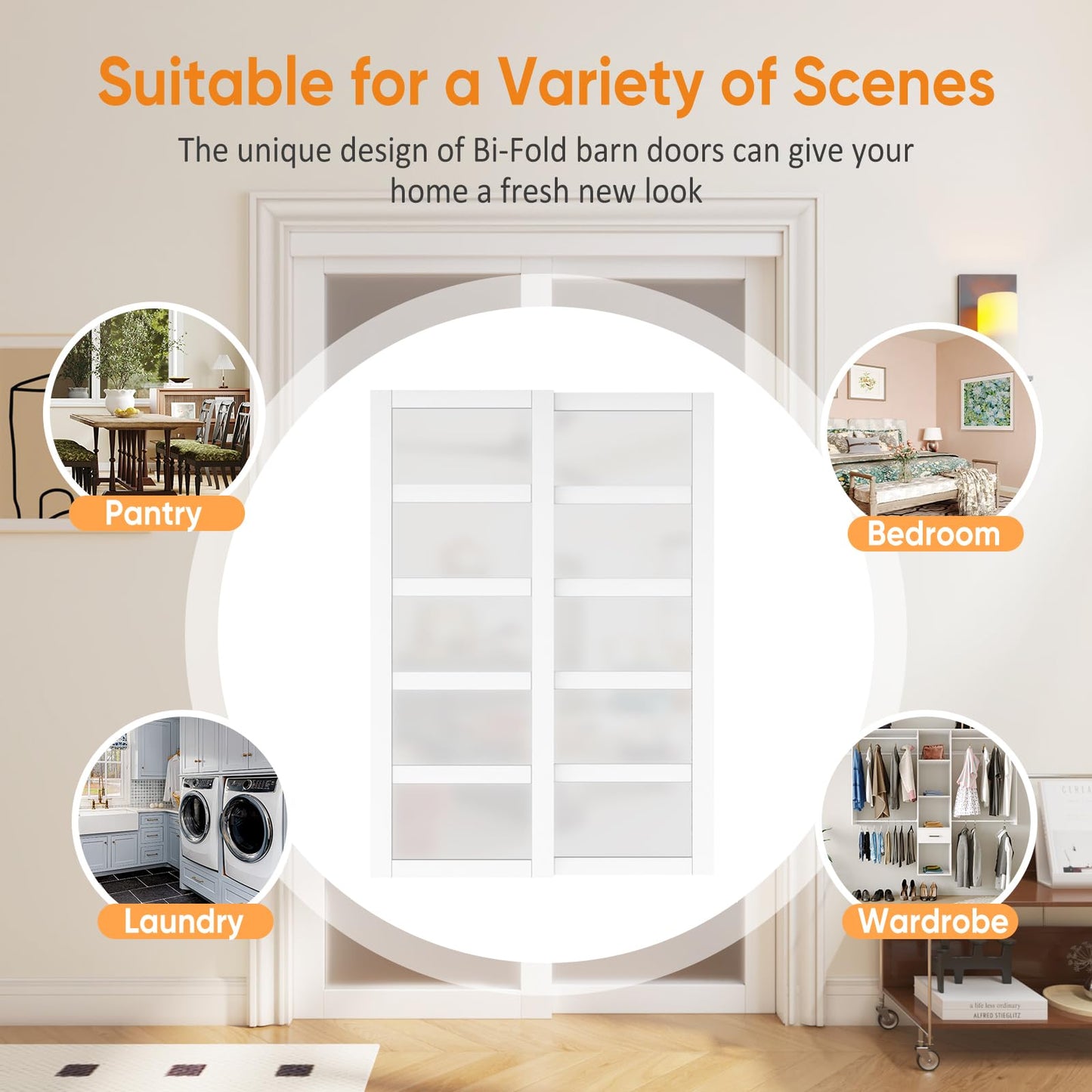 SOLRIG Sliding Closet Door, 5-Lite Frosted Glass Interior Door, 60"(Double 30") x 80" Closet Doors with Complete Hardware Track Kit & Floor Guide, Pre-Drilled Sliding Door Panel Assembly Required