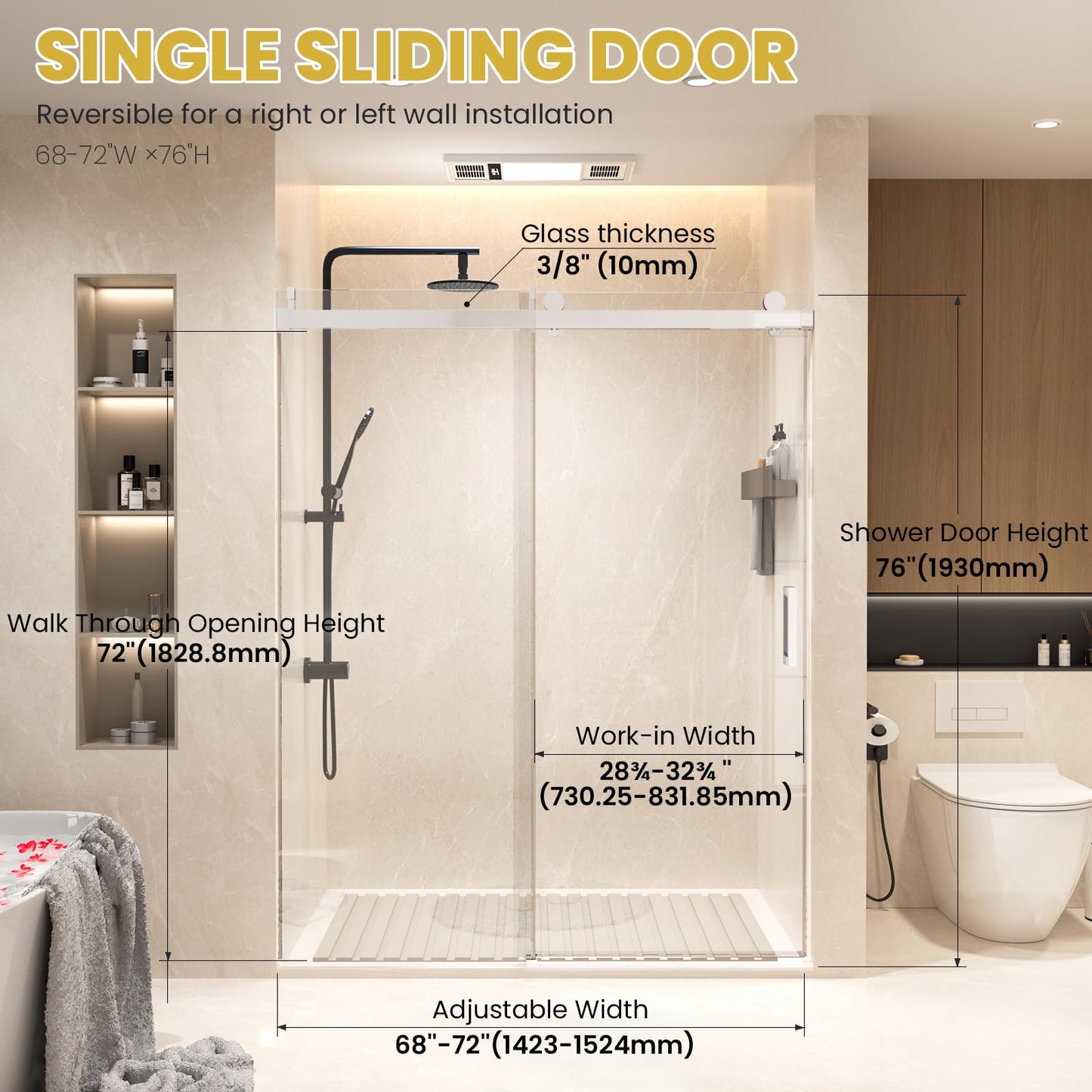 Frameless Shower Door Single Sliding 68-72 in W x76 in H, Bathroom Glss Shower Door with 3/8" Thick SGCC Tempered Glass, Soft-Close with Buffer Design, Reversible Installation, Chrome
