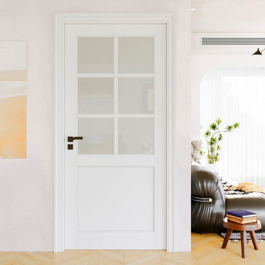 36" x 80" Slab Door, 6-Panel Pre-Assembled Frosted Glass French Doors Interior Slab, Soild Core & Pre-Finished Single Glass Door Panel for Pantry Bedroom Closet as Pocket, Bifold, Barn Doors