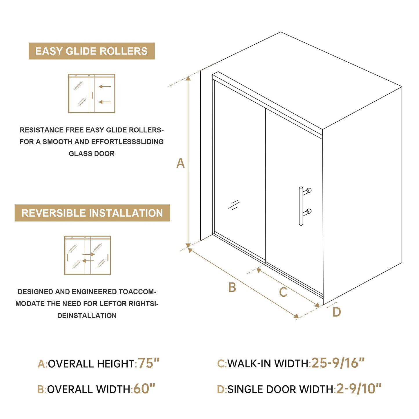 Findepot Frameless Sliding Shower Door 56-60 in W x 75 in H,Frameless Shower Door with 5/16" (8mm) Clear Tempered Glass,Silent Soft-Close Design,Brushed Gold