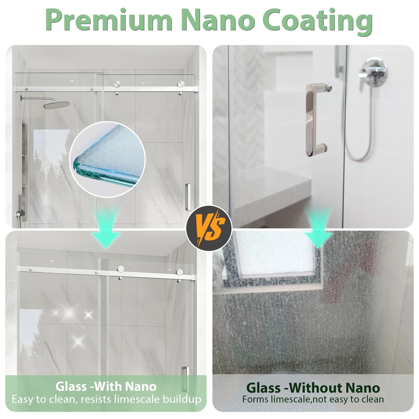 KPUY Frameless Shower Door, 43-48" W x 76" H Sliding Glass Shower Door, 1/4" (6mm) Thick Tempered Clear Glass with Explosion-Proof Film Nano Coating in Brushed Nickle Finish