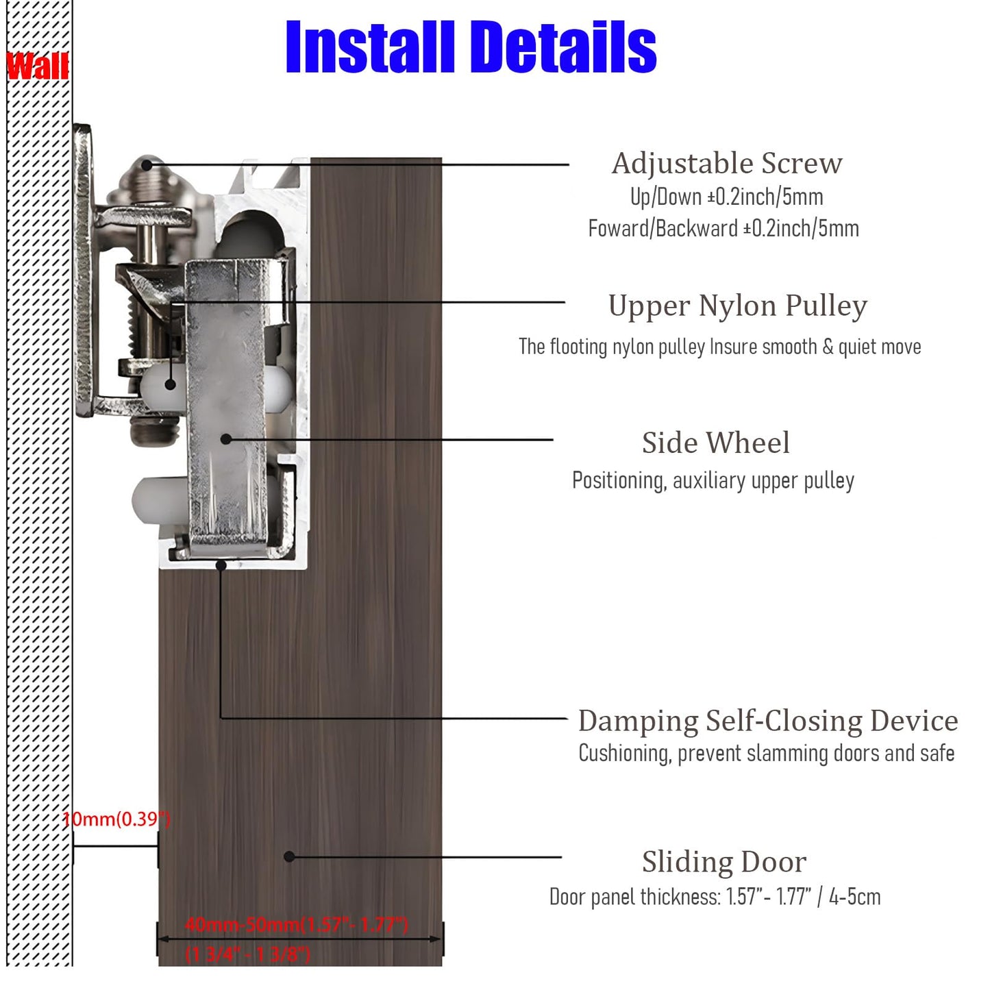 Jisano 1pcs 27.6-47.2 Inch Hidden Sliding Barn Door Hardware and Track, Floating Wall Mounted Invisible Sliding Door Track, Soft Close, Quiet, Easy to Install
