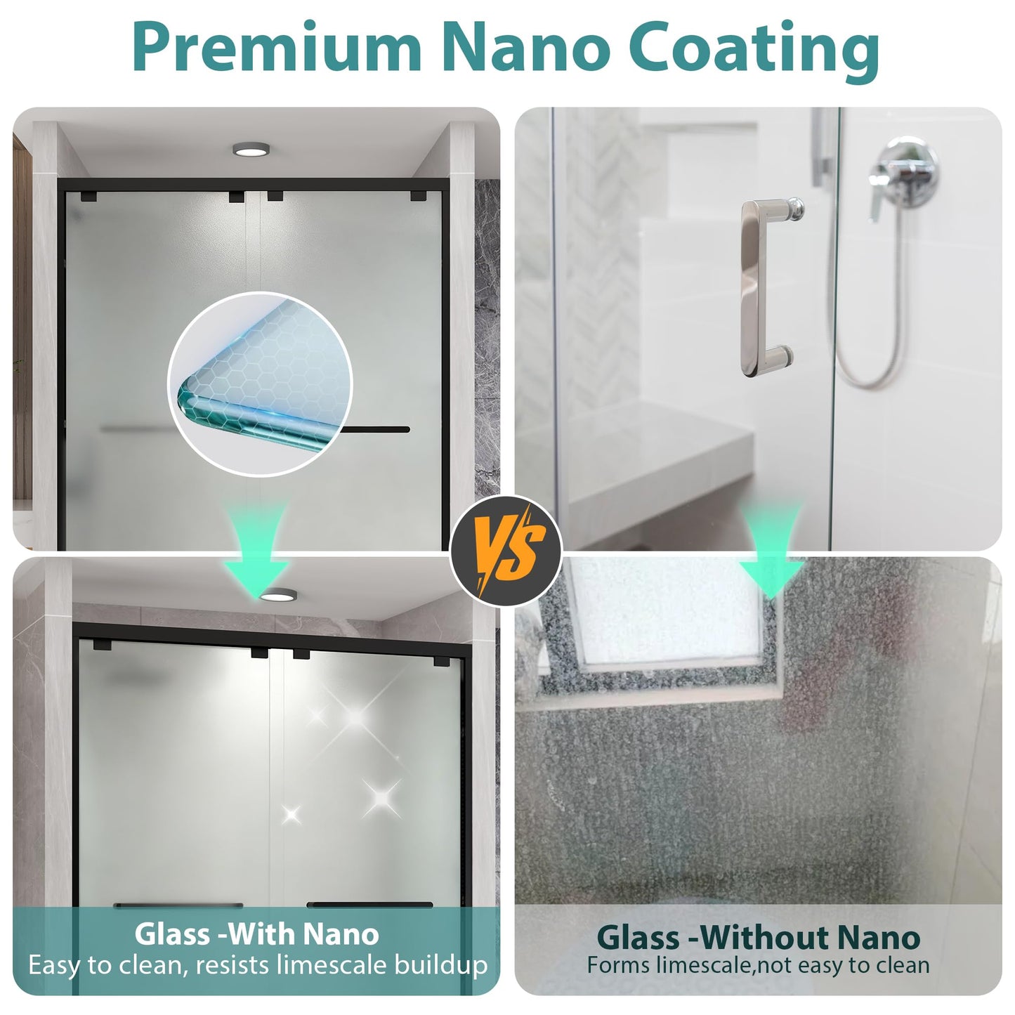 KPUY Frosted Glass Shower Door, 43-48" W x 76" H Semi-Frameless Double Sliding Shower Door, 1/4" (6mm) Tempered Glass with Explosion-Proof Film & Nano Coating, Matte Black