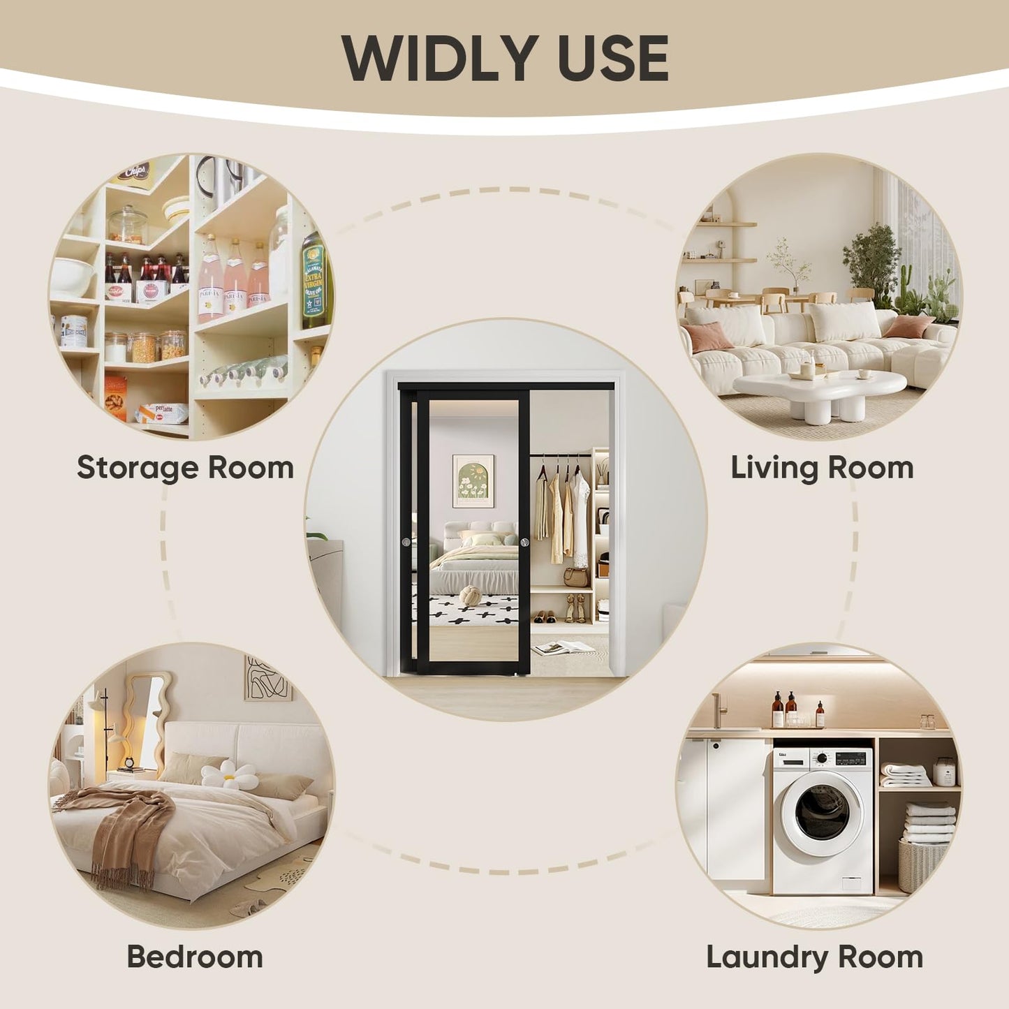 JUBEST 60" x 80" Mirror Closet Door, Preassembled One Side Mirror Door with Hardware Kit & Matching Fascia, Solid Wood Frame with Water-Proof PVC Surface, Easy to Install, Black