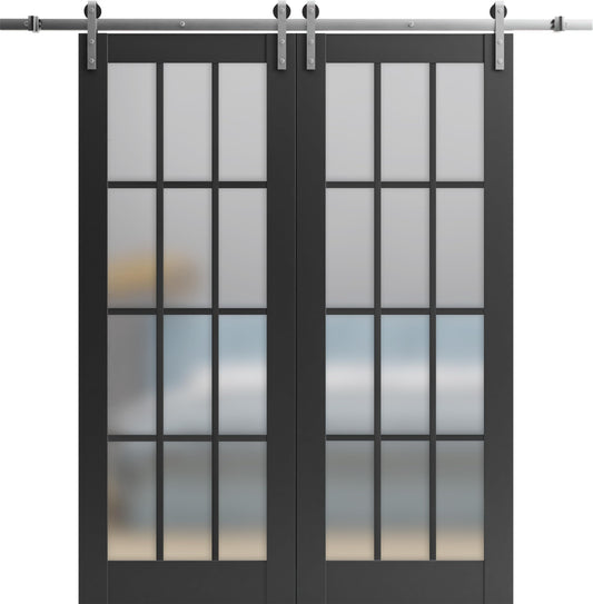 SARTODOORS Sturdy Double Barn Door with Frosted Glass 12 Lites | Felicia 3312 Matte Black | 13FT Rail Hangers Heavy Set | Solid Panel Interior Doors-56" x 84" (2 * 28x84)-Silver Rail