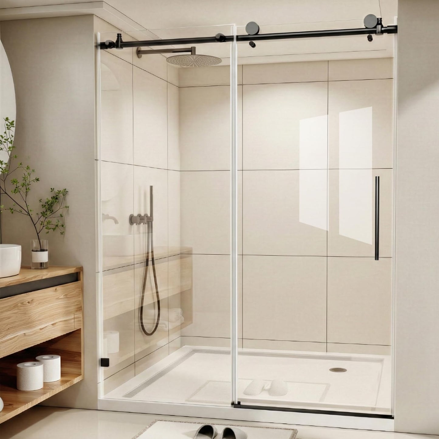 Frameless Shower Door with Round Top Tube - 56-60" W x 76" H Sliding Glass Shower Door,Matte Black, 1/4"(6mm) Tempered Clear Glass with Explosion-Proof Film Nano Coating, Easy Clean