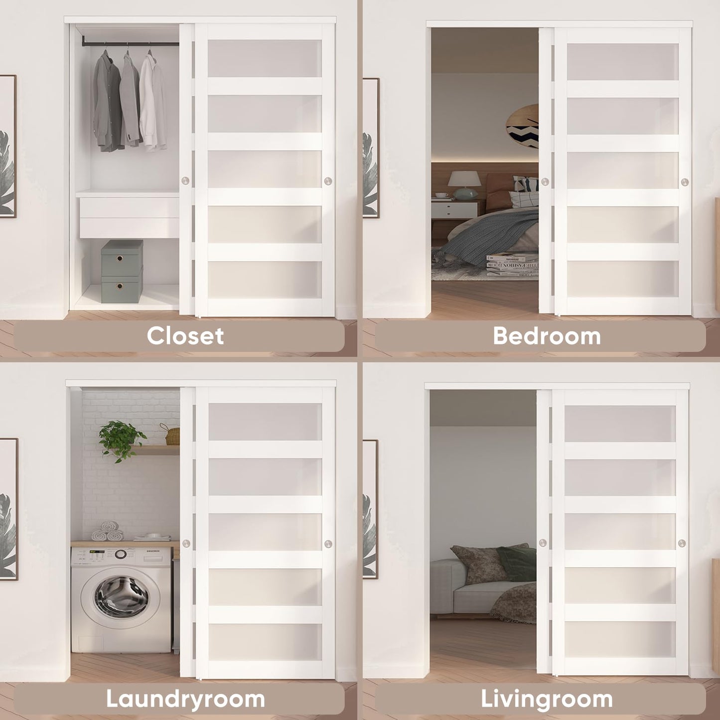 JUBEST Sliding Closet Door 72"(Double 37") x 80", 5-Lite Frosted Glass Bypass Door with Hardware Kit & Matching Fascia, Pre-Drilled Solid Wood Slab with Water-Proof PVC Surface, Easy to Install, White