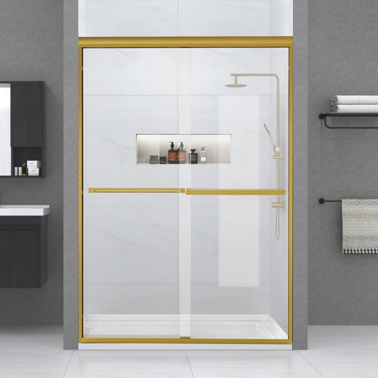Bathroom Shower Sliding Door, 50"-54" W×72" H Framed Fixed Door for Shower Enclosure, 1/4"(6mm) Thick Clear Tempered Glass with Handles, Brushed Gold Finish