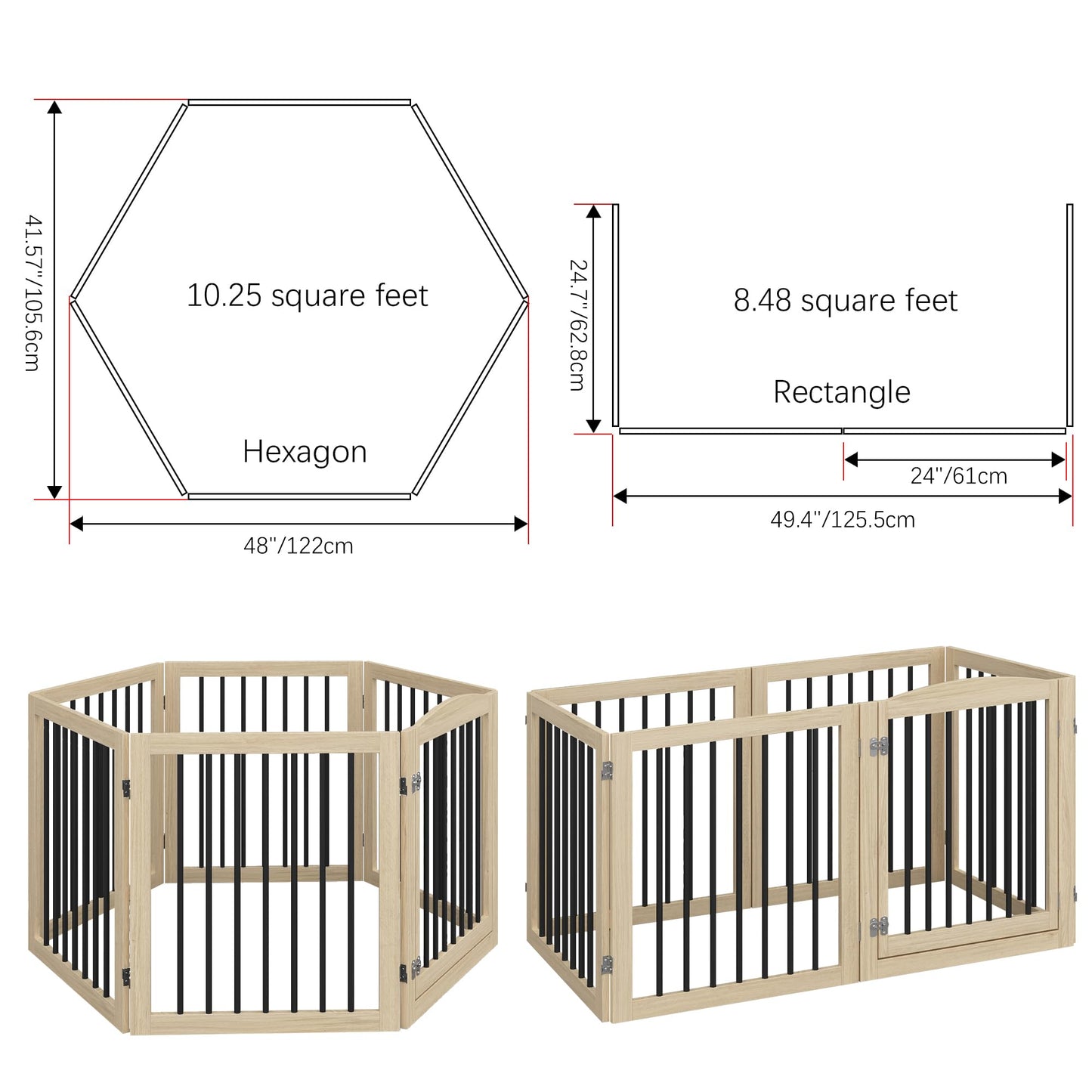 Vantas Folding Pet Gate 144" Wide, 30" Tall No-Assembly Wooden Dog Gate with Door Walk Through, Freestanding Puppy Safety Fence, 2PCS Support - Natural White