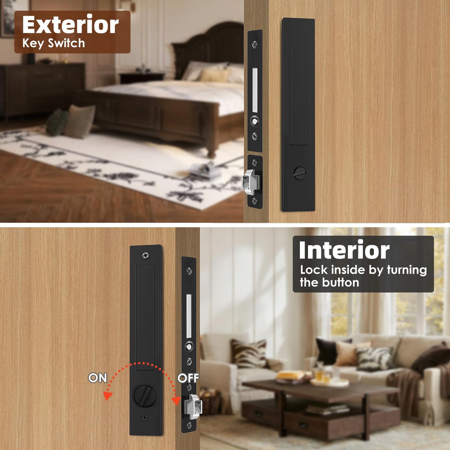 Lipshome Pocket Door Locks, Edge pulls, Hidden Handles, Pocket Door Hardware, Sliding Door Locks, Sliding Door Hardware (Black, 7.8"*1.5"-keyless)