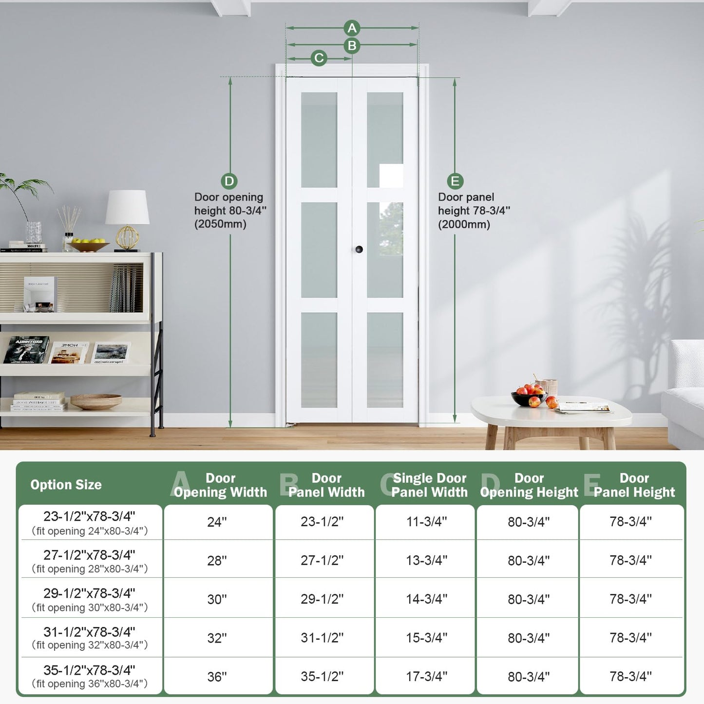 Roymelo Bifold Doors for 36"×80-3/4" Opening, Preassembled White Frosted Glass Folding Barn Door, Sliding Interior Wood Panel Closet Bifolding Door with Concealed Hardware Kit Included