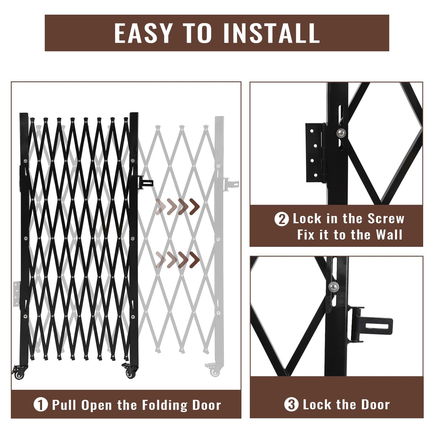 GarveeTech Single Folding Security Door, 85 in H x 95 in W Portable Flexible Expandable Fence Gate, Steel Accordion Security Gate with 360°Rolling Wheel - Ideal for Courtyards, Garages, Gardens