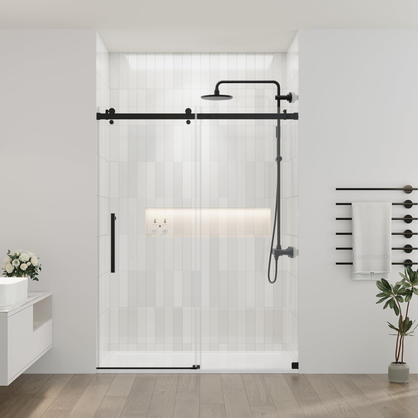 DELAVIN 44-48.in W x 72.in H Frameless Shower Door, Water Repellent Black Shower Door with 1/4" (6mm) Clear Tempered Glass, Easy Sliding Showe Door with Explosion-Proof Film, Stainless Steel Top Rail