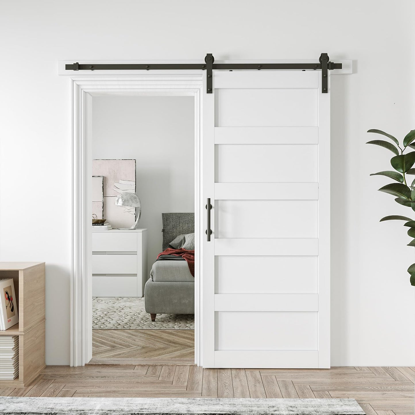 COSHOMER 36in x 84in Sliding Barn Door with 6.6ft Barn Door Hardware Kit & Handle, Pre-Drilled Holes Easy Assembly -Solid Barn Door Slab Covered with Water-Proof PVC Surface, White, 5 Panel