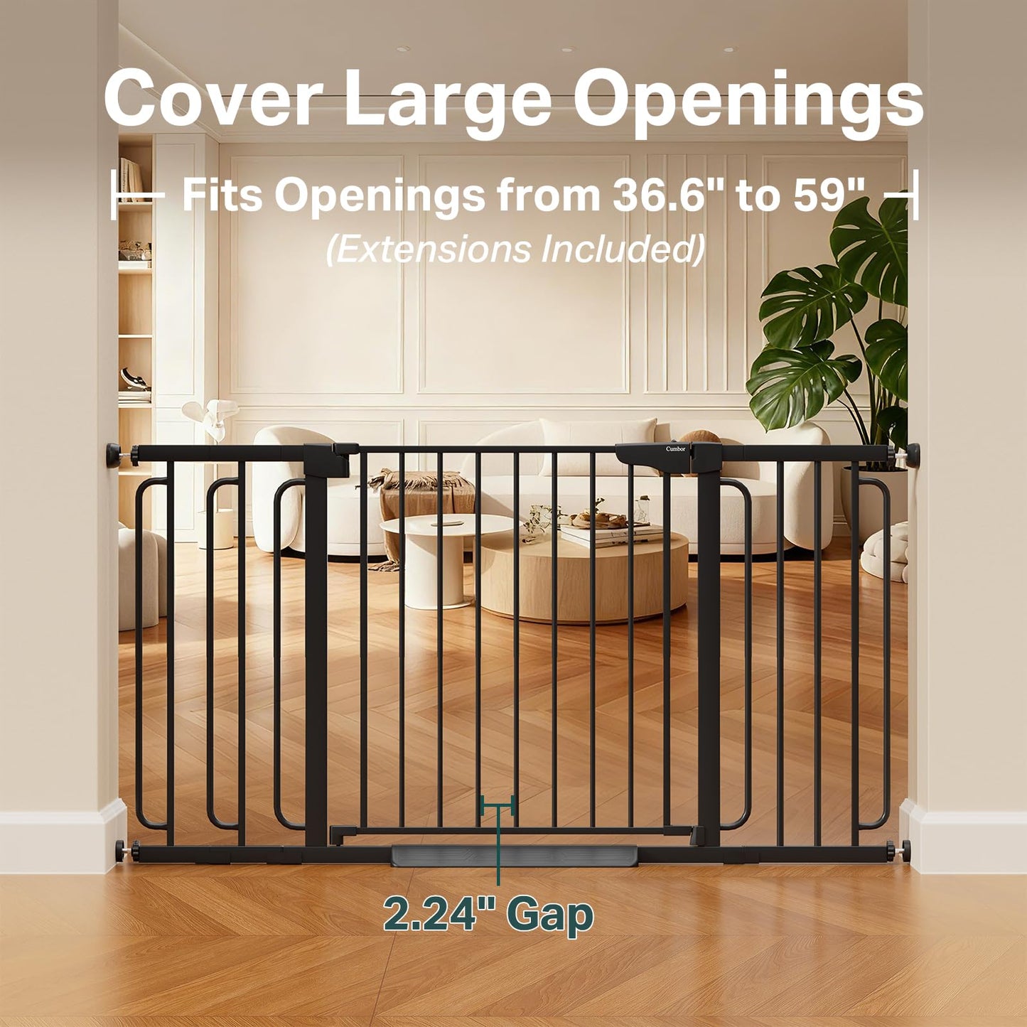 Cumbor 36.6-59" Extra Wide Baby Gate for Stairs, Pressure Mounted Dog Gate for Doorways, Auto-Close Easy Walk Through Safety Child Gate for Kids Toddler, Tall Pet Gates Indoor, Black