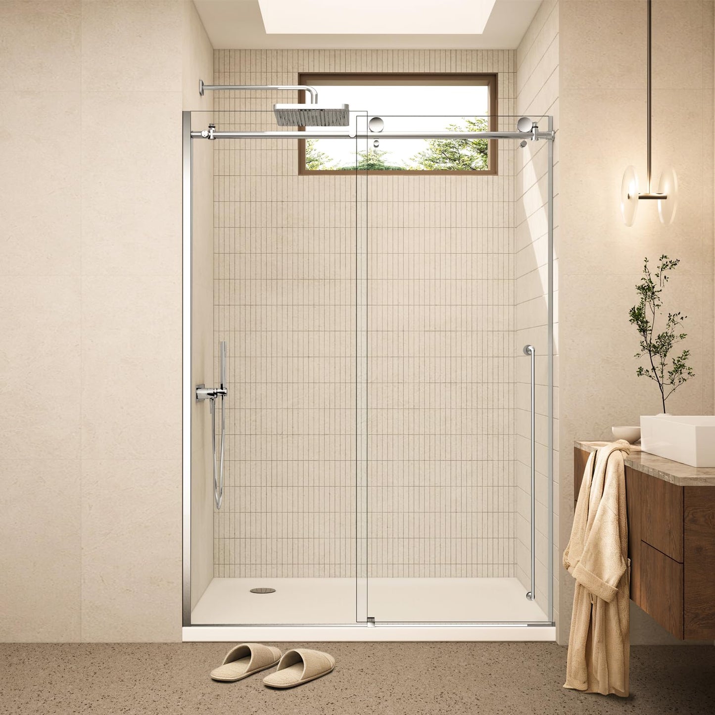 CONDRIS Prime Frameless 60‘’x78’’ Reversible Sliding Shower Door 3/10" (8mm) Thick Tempered Clear Glass with Explosion-Proof Film Nano Coating Stainless Steel Hardware Chromed/Matte Black (Chromed)