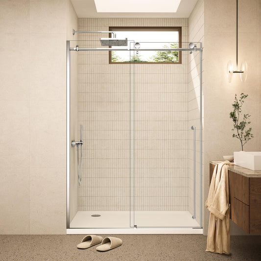CONDRIS Prime Frameless 60‘’x78’’ Reversible Sliding Shower Door 3/10" (8mm) Thick Tempered Clear Glass with Explosion-Proof Film Nano Coating Stainless Steel Hardware Chromed/Matte Black (Chromed)