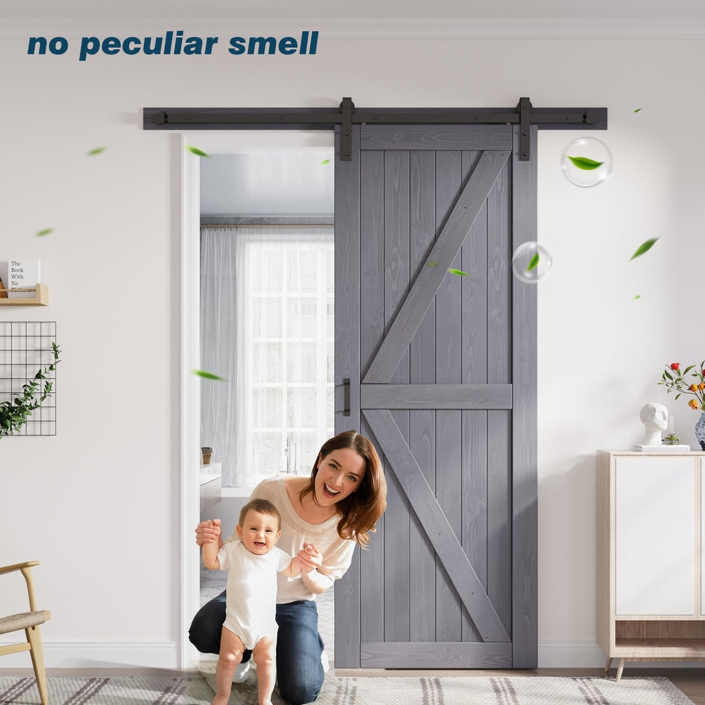 FREDBECK 36in x 96in Gray Wood Barn Door Slab with 6.6ft (79inch) Barn Door Hardware Track Kit Included, Double Surfaces,Simple Assembly is Required,K-Frame,Grey
