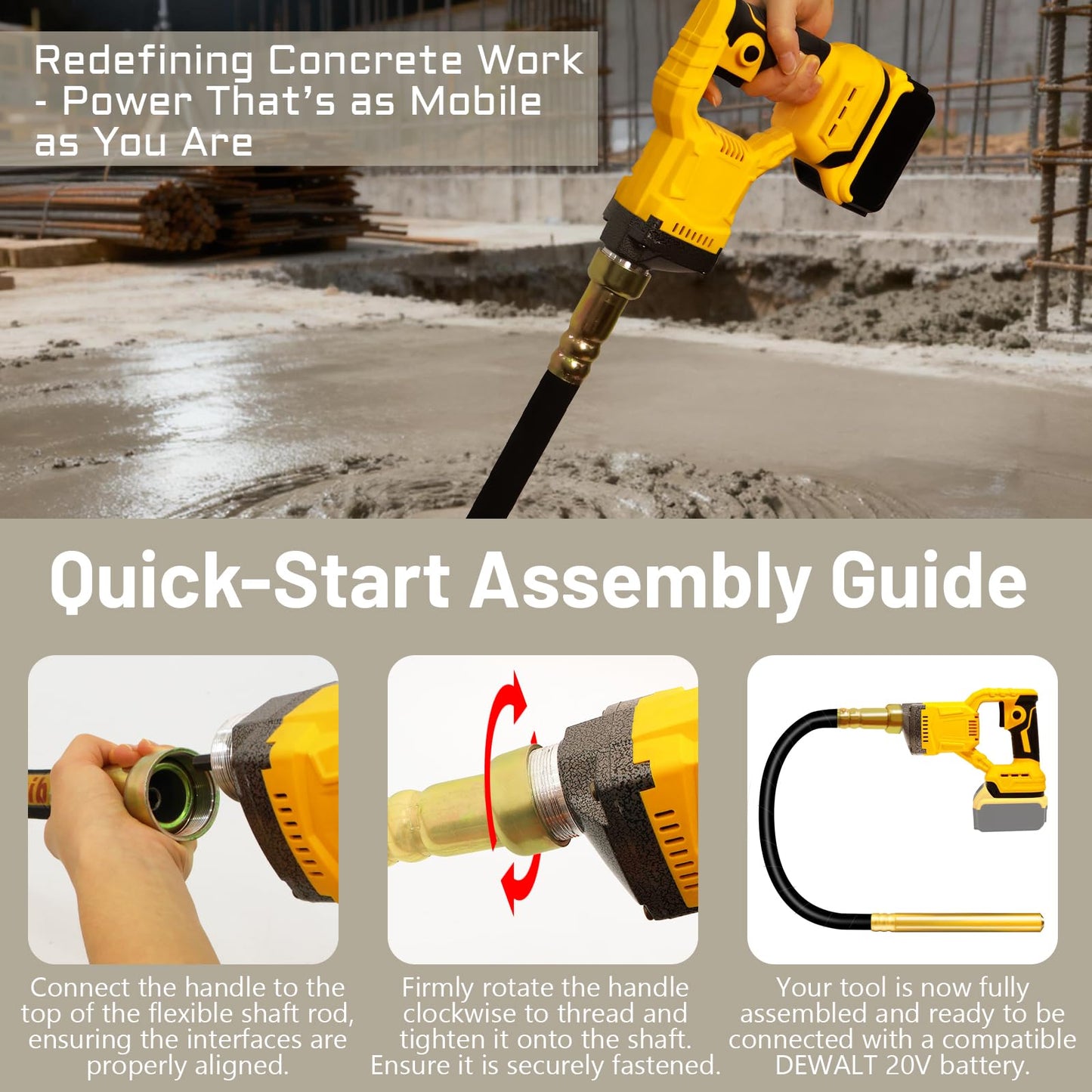 LCBBKYSQ Handheld Concrete Vibrating Tool, Compatible with Dewalt 20V Battery (No Battery), 800W Cordless Electric Concrete Vibrator with 3.6ft Shaft Rod, Portable Vibrator for Remove Air Bubble