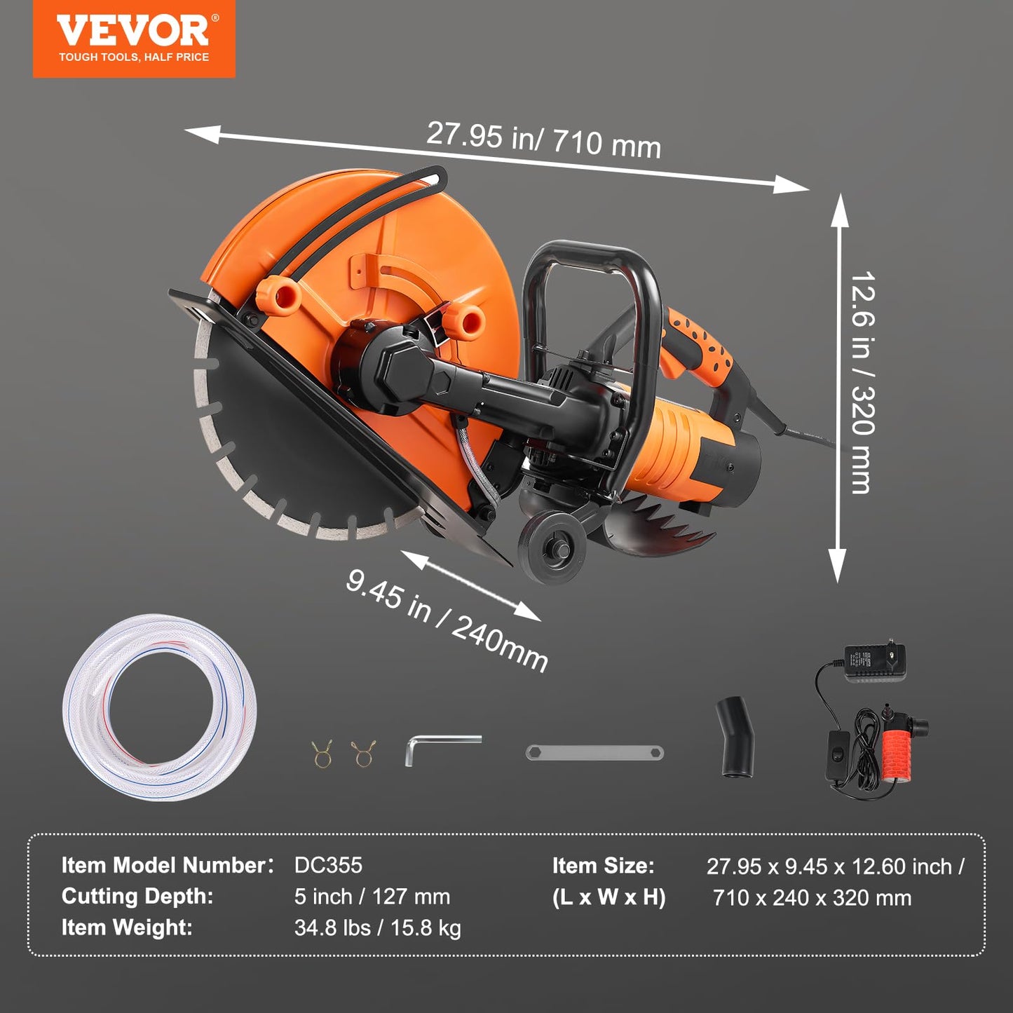 VEVOR Electric Concrete Saw, 14 in, 2600 W Motor Circular Saw Cutter with Max. 6 in Adjustable Cutting Depth, Wet Disk Cutter Includes Water Line, Pump and Blade, for Stone, Brick