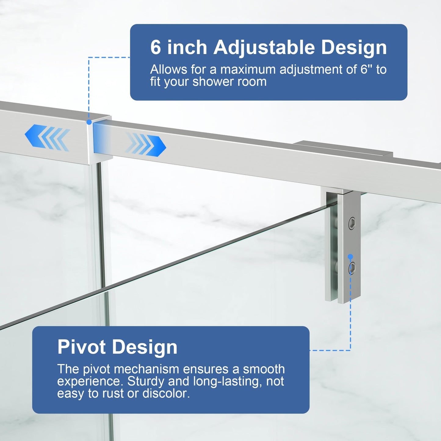 EASYWORC Semi Frameless Pivot Shower Door 42-48" W x 72" H, Swing Shower Glass Doors with Nano Explosion-Proof Film Tempered Glass 1/4"(6mm) Reversible Installtion, Brushed Nickel Finish