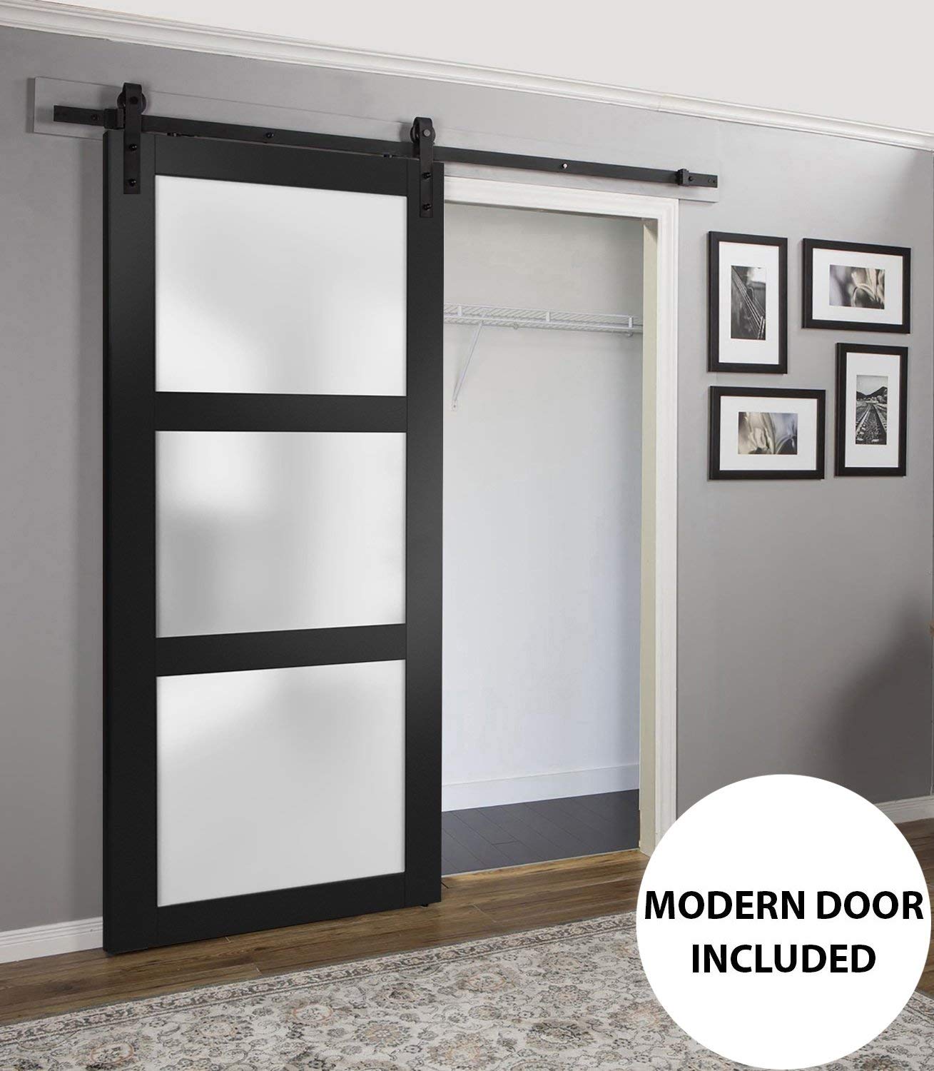 SARTODOORS Slab Barn Door Panel Frosted Glass | Lucia 2552 Black Matte | Sturdy Finished Doors | Pocket Closet Sliding-18 x 84"-Frosted Glass