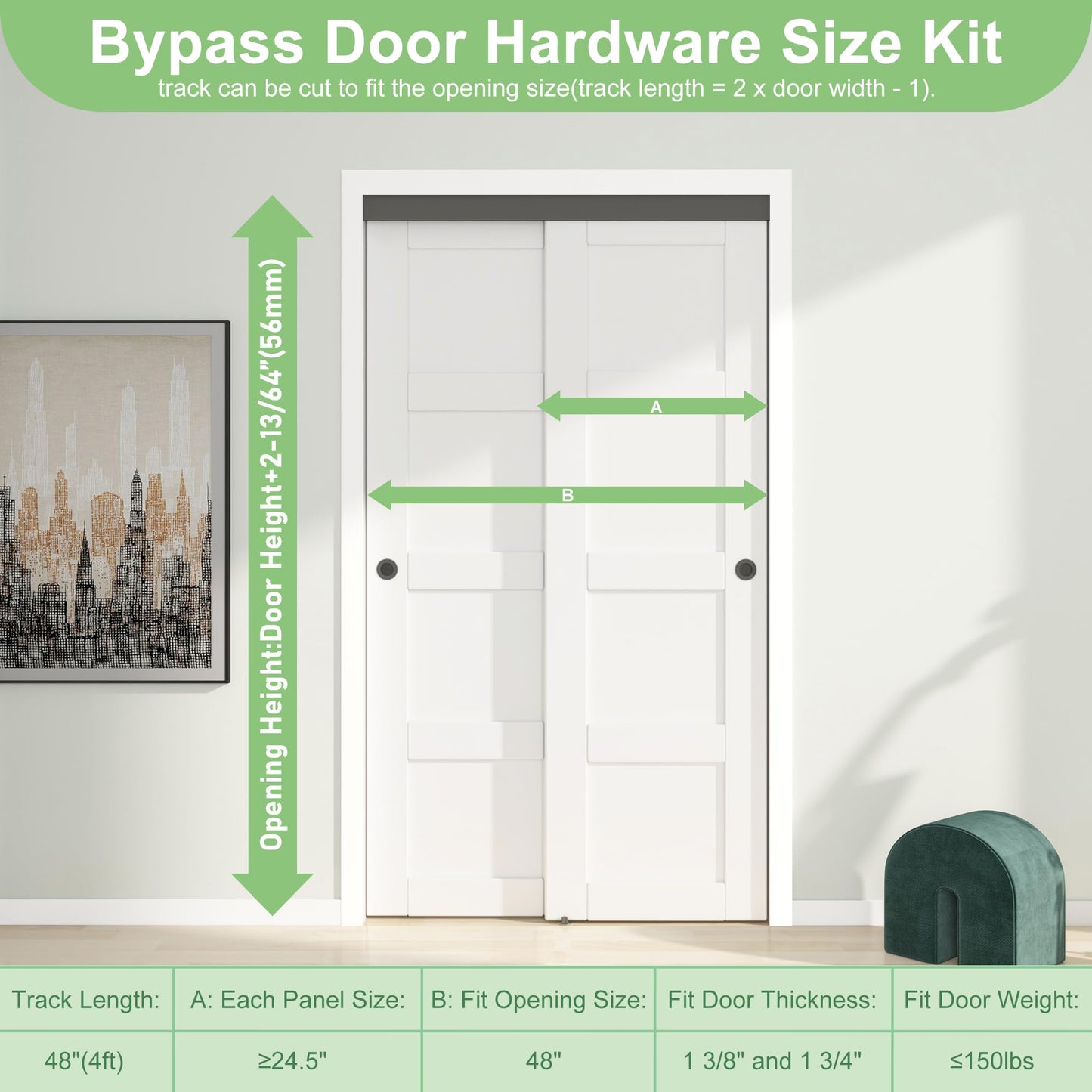 BarnBase 4FT/48" Bypass Door Hardware, Aluminum Double-Closing Sliding Closet Door Hardware with Finger Pull Included, Smoothly and Quietly, Fit Door Thickness 1 3/8" or 1 3/4", Black