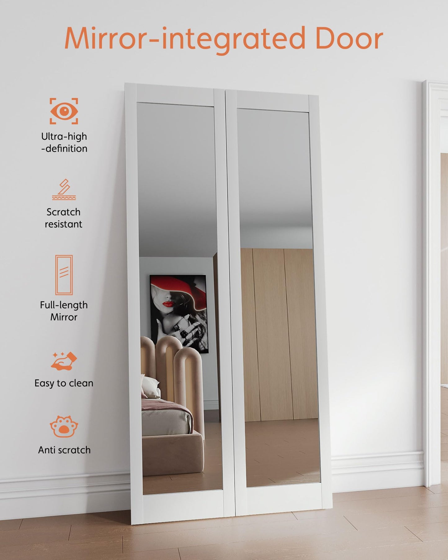 Bifold Doors for 24" x 80" Opening, 1-Lite Mirror Bifold Closet Doors with Sliding Hardware Kit Set, HD Mirror Bifold Panels for Interior Closet, Pantry, White & Easy Install