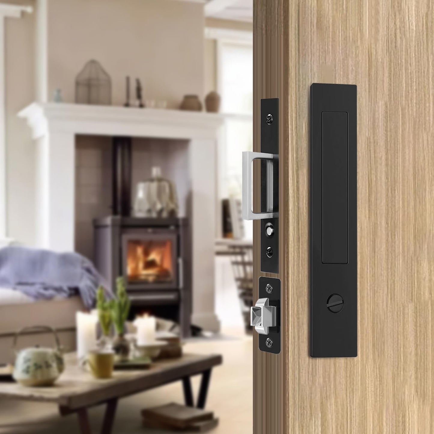 Lipshome Pocket Door Locks, Edge pulls, Hidden Handles, Pocket Door Hardware, Sliding Door Locks, Sliding Door Hardware (Black, 7.8"*1.5"-keyless)