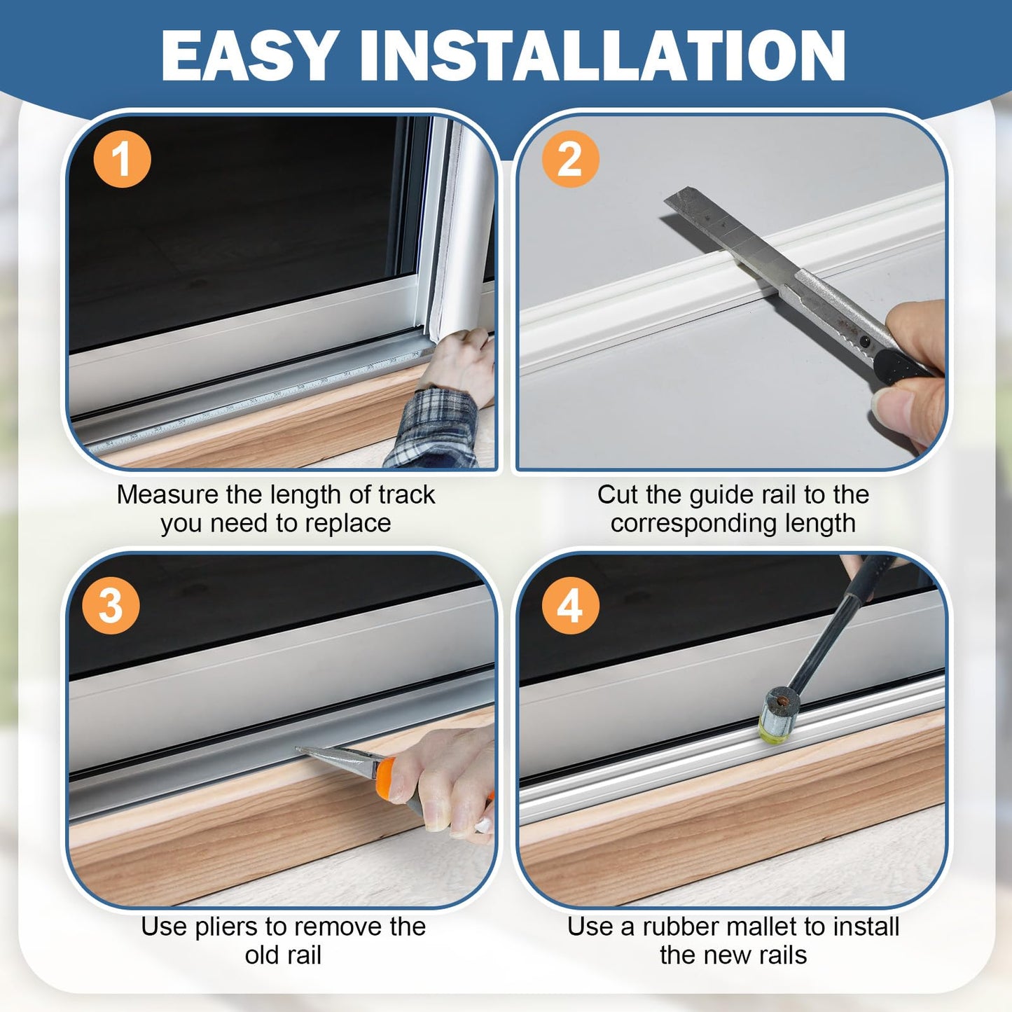 CroBlissful 4 Pcs 72 Inch Sliding Screen Door Track Replacement Modern White Vinyl Track Long Easy to Cut Sliding Door Hardware Centered Rail for Patio Window Home Office Parts Repair