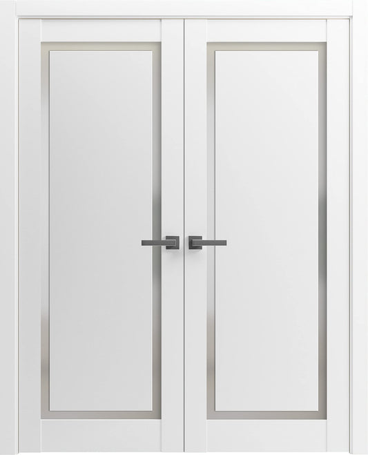 SARTODOORS Planum 0888 | Double Swing Interior French Doors with Glass with Frosted Glass, Solid Wood, Hardware Included, 60x84, White, Modern