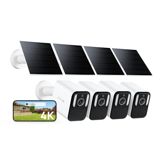 Anona 4K Solar Security Cameras Wireless Outdoor, Forever Power with Solar Panel, 8MP Color Night Vision, 24/7 AOV Recording, No Monthly Fees, AI Detection, Easy Setup, 2.4 G WiFi, IP67, 4 Pack