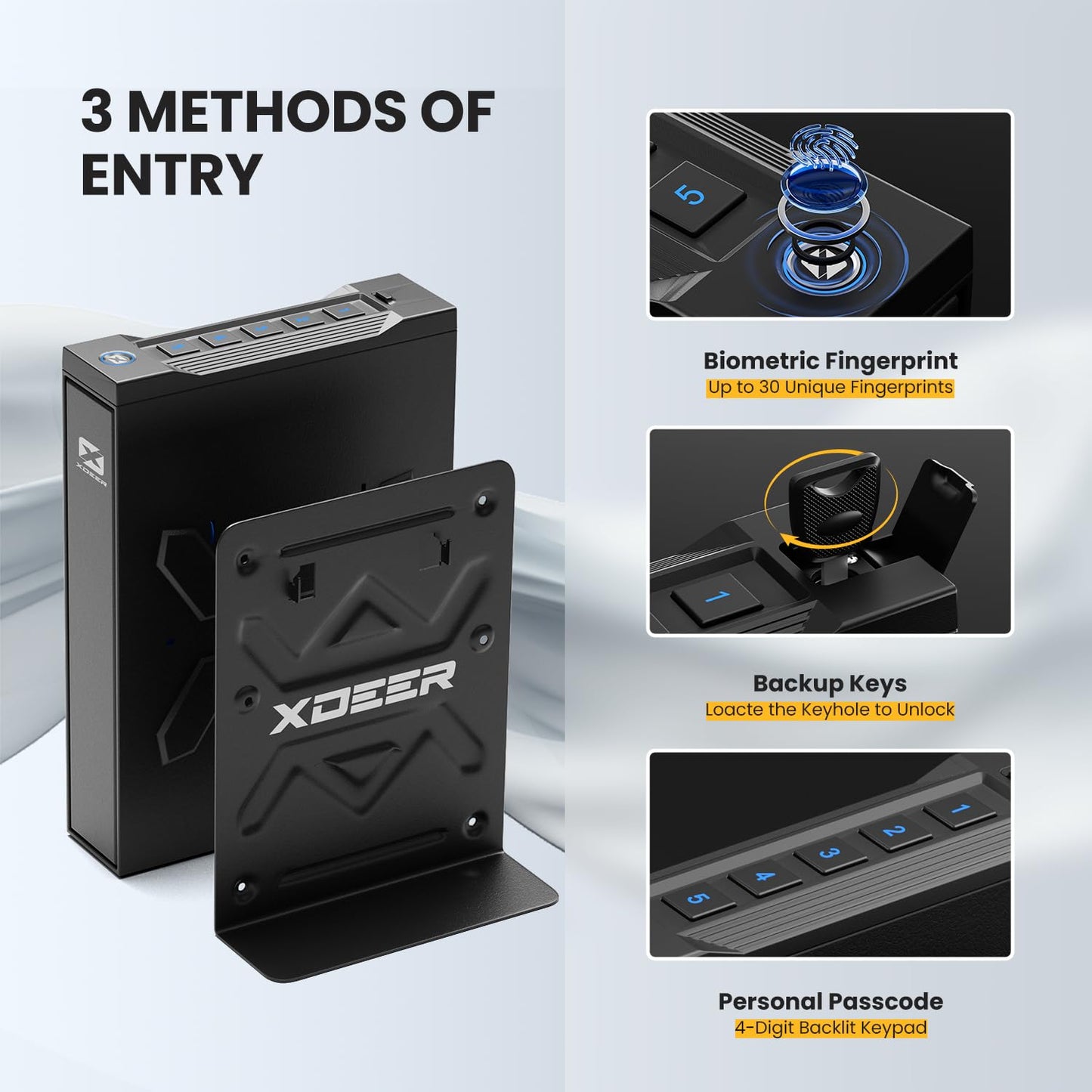 XDeer Biometric Gun Safe for Handgun, Slider Bedside Handgun Safe, 0.1s Quick Access Pistol for Nightstand, Bedside,Desk with Fingerprint, PIN Code, KEY Access 1PCS