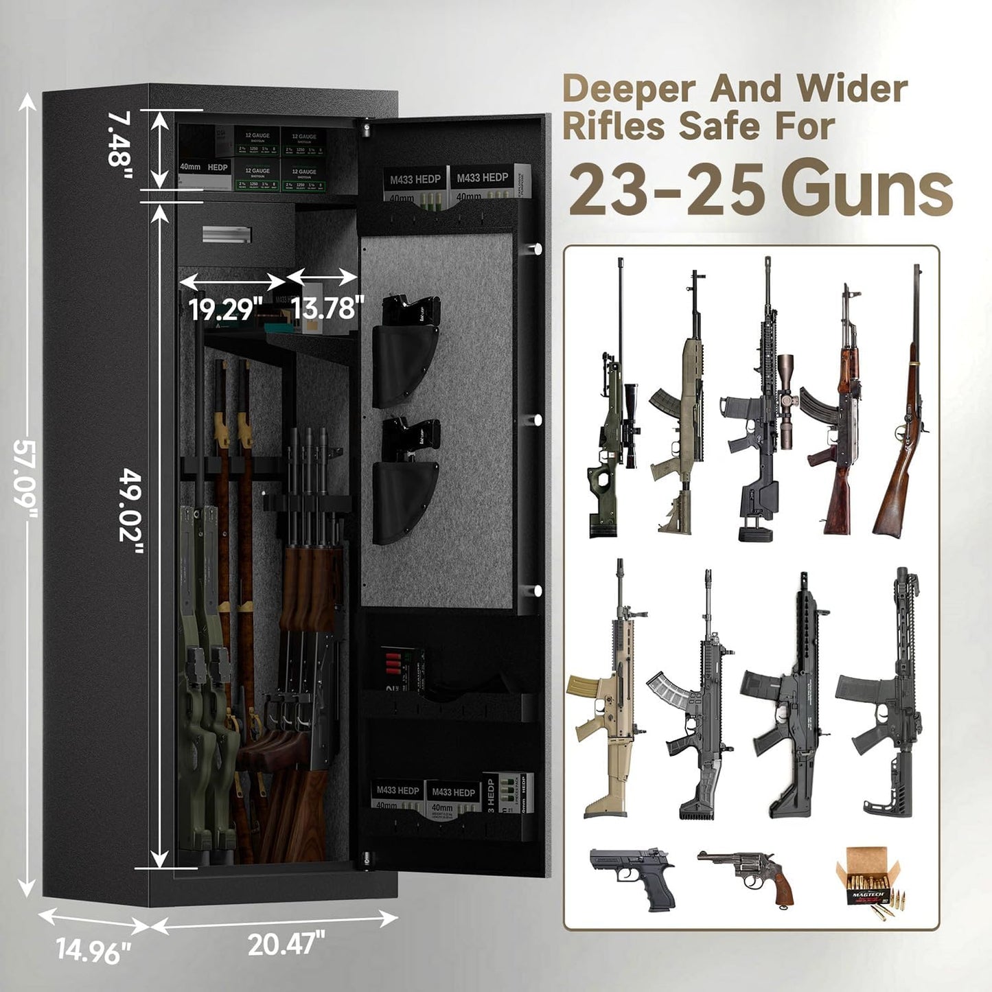 KAER 23-25 Biometric Gun Safe, Wider and Deeper Fingerprint Gun Safes for Rifle and Pistols, Large Quick Access Heavy-Duty Gun Cabinet for Firearm Ammo with Drawer & Gun Rack, Assembled