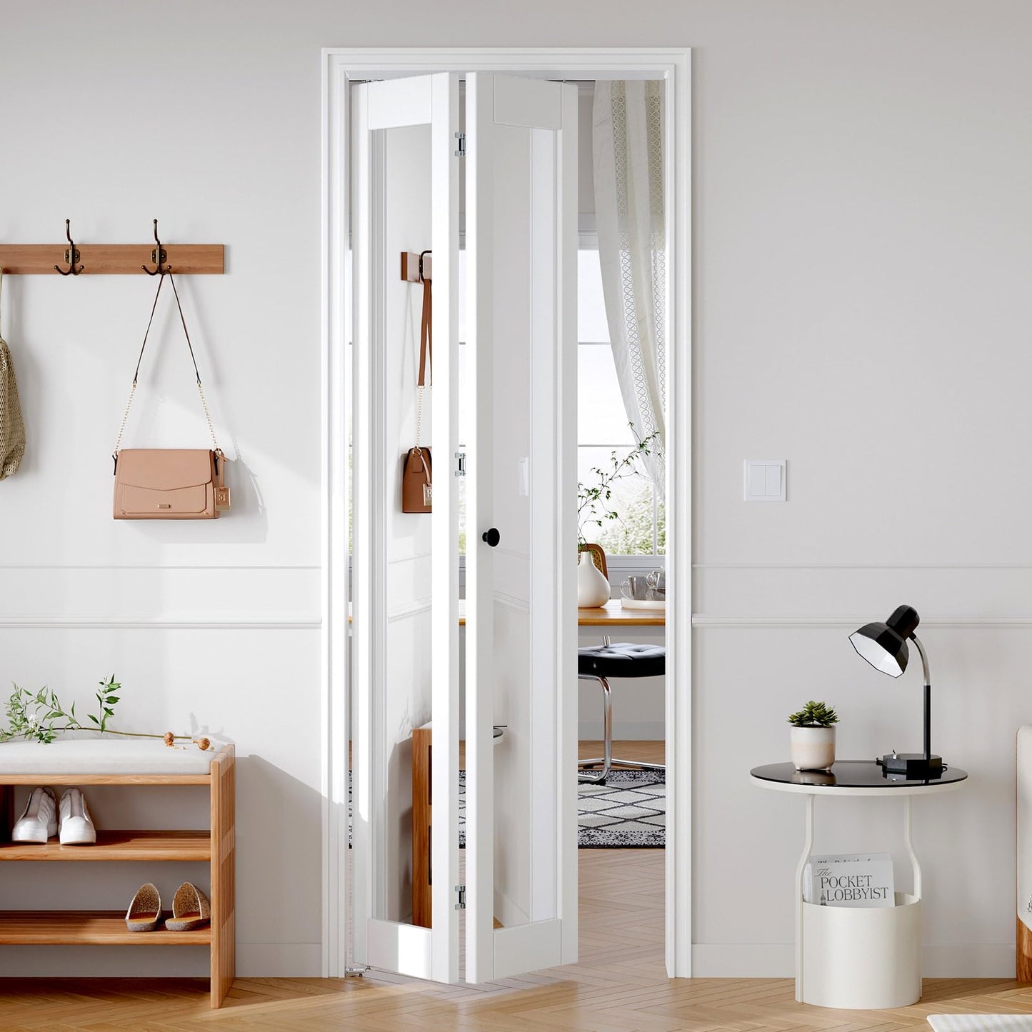 FREDBECK Bifold Door for 30x80 Opening (Double 15x80) with 1 Lites Mirror ,Interior Bi fold Barn Doors and Concealed Hardware Kit Included, PVC Surface, White,for Closet,Pantry,Kicthen